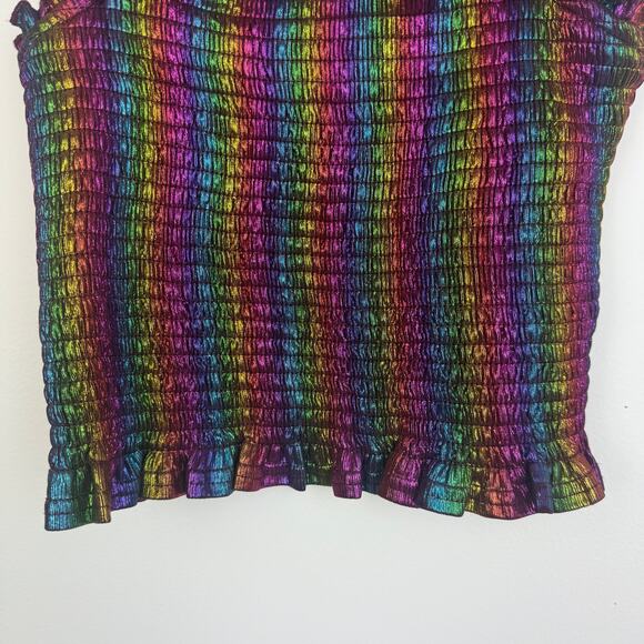 TCEC Womens Tie Strap Rainbow Metallic Cropped Smocked Multicolored Top Small - Picture 4 of 8